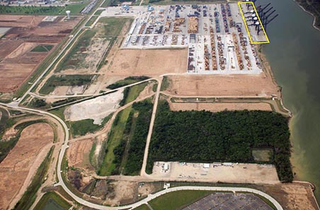 Aerial of Bayport Terminal Complex Phase 1A wharf dredge, clearing and grading by Great Bear Construction